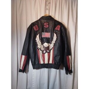 Vtg Black Leather Jacket Men's Large USA Flag Eagle Bomber Biker Zip Lining READ
